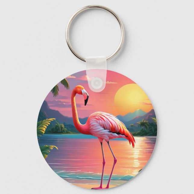 Flamingo Sunset Tropical Beach Nyckelring (Framsida)