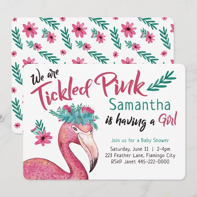 Flamingo Tickled Rosa Baby Shower Inbjudningar (Fram/baksida)