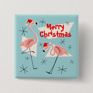 Flamingo Tomtar Blå God Jul knapp fyrkantig