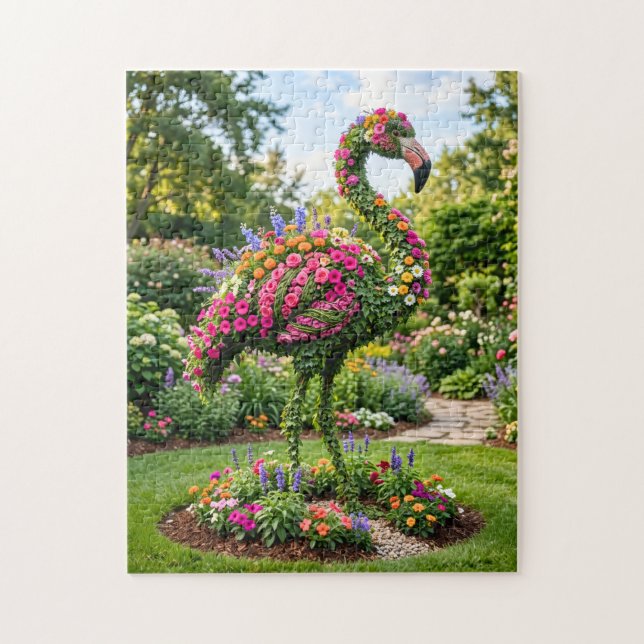 Flamingo Topiary i tropisk blomsterträdgård  Pussel (Vertikal)