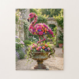 Flamingo Topiary Krukväxt Urn och Tropiska Blommor Pussel