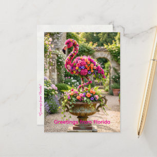 Flamingo Topiary Krukväxt Urn och Tropiska Blommor Vykort