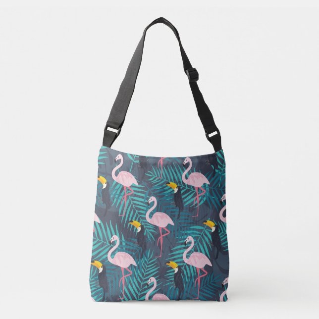 Flamingo, toucan: tropiska löv mönster axelväska (Framsida)