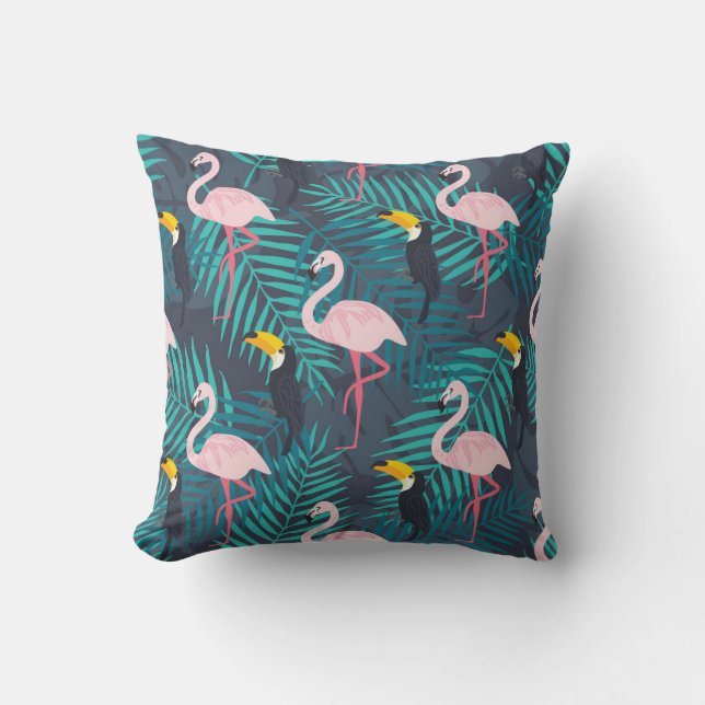 Flamingo, toucan: tropiska löv mönster kudde (Framsida)