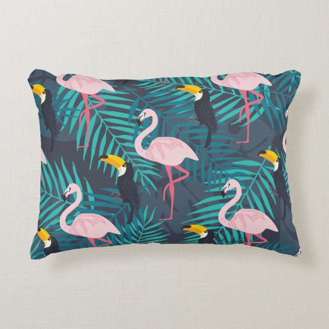Flamingo, toucan: tropiska löv mönster prydnadskudde (Framsidan)