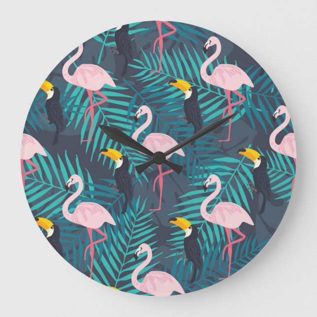 Flamingo, toucan: tropiska löv mönster stor klocka (Framsida)