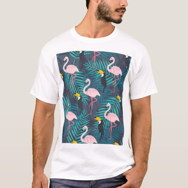Flamingo, toucan: tropiska löv mönster t shirt (Framsida)