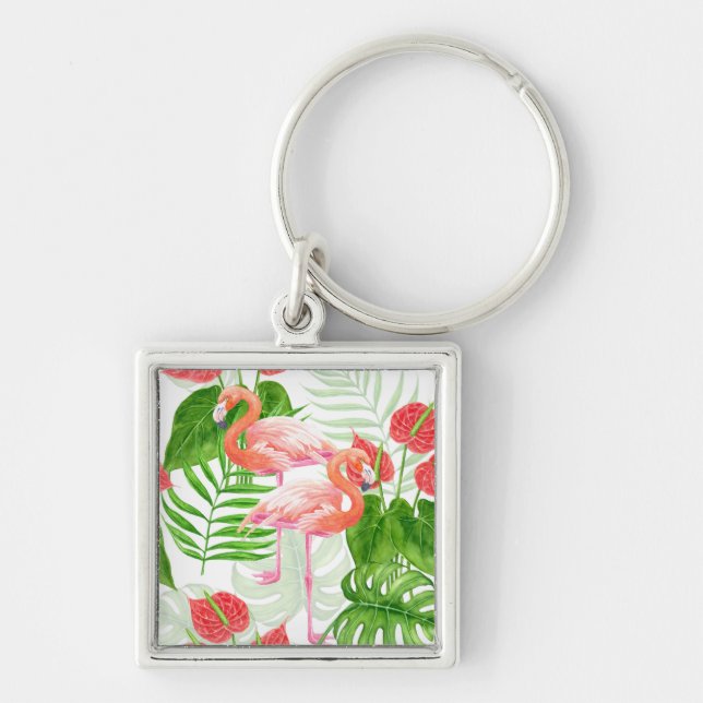 Flamingo trädgård fyrkantig silverfärgad nyckelring (Framsidan)