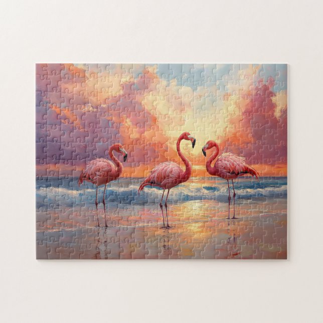 Flamingo Trio på stranden Pussel (Horisontell)