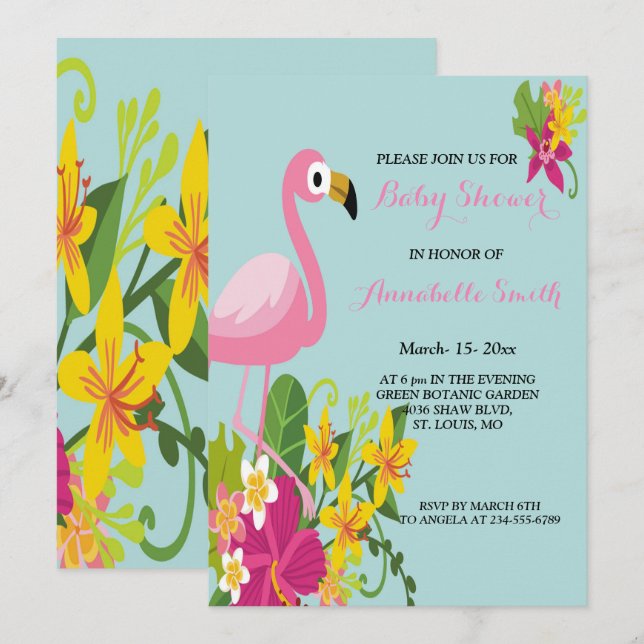 Flamingo Tropical Baby dusch Inbjudningar (Fram/baksida)