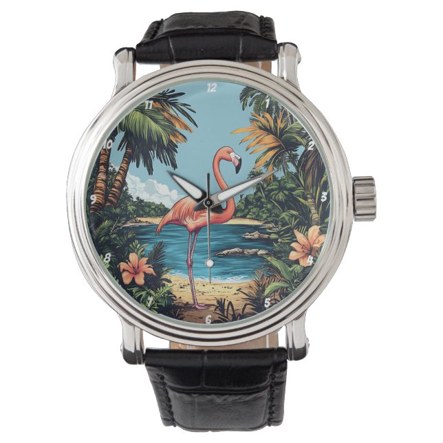 Flamingo Tropical Beach Wall Art Armbandsur (Framsida)