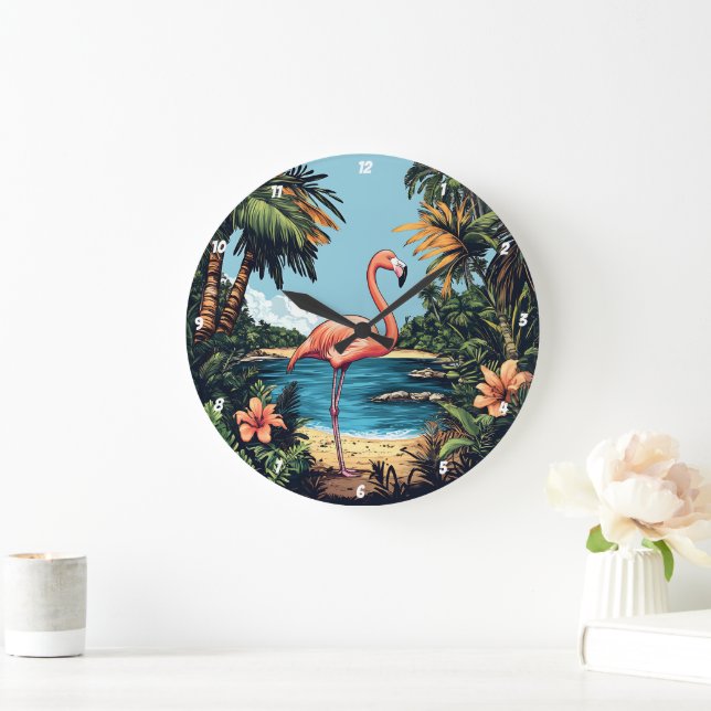 Flamingo Tropical Beach Wall Art Stor Klocka (Hem)