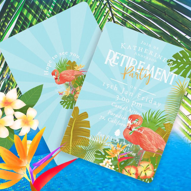 Flamingo Tropical Blå Pensionering  Inbjudningar (Flamingo Tropical Retirement Party Invitation Card.)