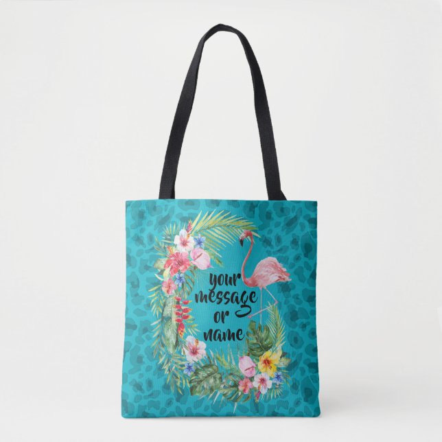 Flamingo tropical blommigt blue cheetah tote tygkasse (Framsida)