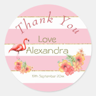 Flamingo Tropical Blommigt Rosa Rand Baby Shower Runt Klistermärke