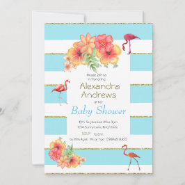 Flamingo Tropical Blue Rand Baby Shower Inbjudningar