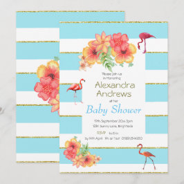 Flamingo Tropical Blue Rand Baby Shower Inbjudningar