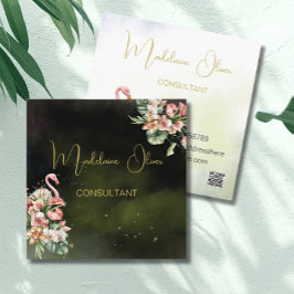 Flamingo Tropical Botanical Black Florist QR Fyrkantigt Visitkort