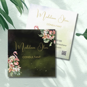Flamingo Tropical Botanical Black Florist QR Fyrkantigt Visitkort