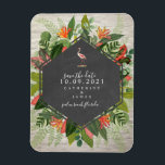 Flamingo Tropical Botanical Brick Bröllop Magnet<br><div class="desc">En bröllop spara datum-magnet med en tropisk botanisk design med en schalkboard-geometrisk design över en vit tegelbakgrund. Flamingoillustration ovanför text.</div>