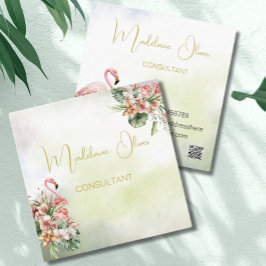 Flamingo Tropical Botanical Modern Florist QR Fyrkantigt Visitkort
