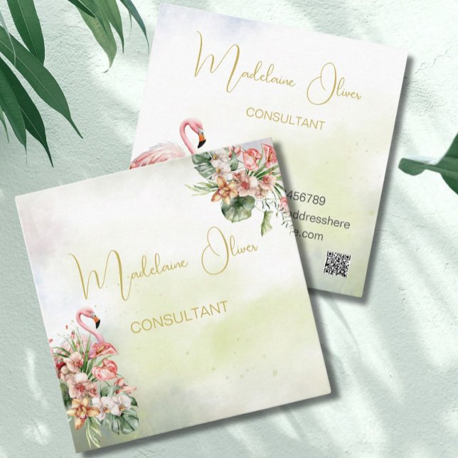 Flamingo Tropical Botanical Modern Florist QR Fyrkantigt Visitkort (Skapare uppladdad)