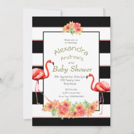 Flamingo Tropical Flowers Black Rand Baby Shower Inbjudningar