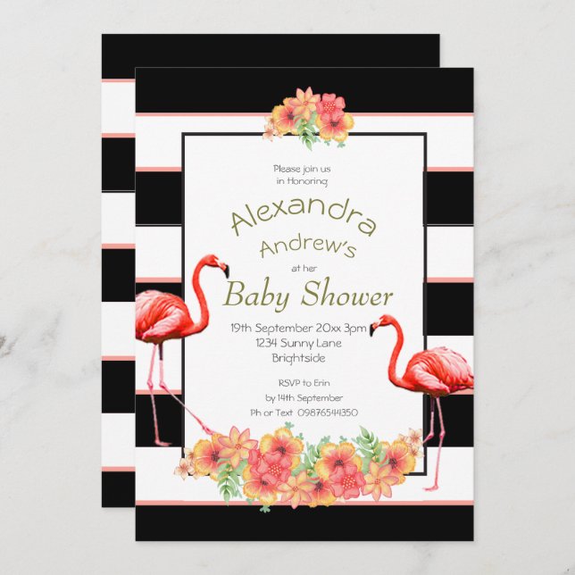 Flamingo Tropical Flowers Black Rand Baby Shower Inbjudningar (Fram/baksida)