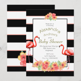 Flamingo Tropical Flowers Black Rand Baby Shower Inbjudningar