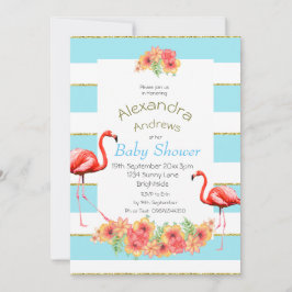 Flamingo Tropical Flowers Blue Rand Baby Shower Inbjudningar