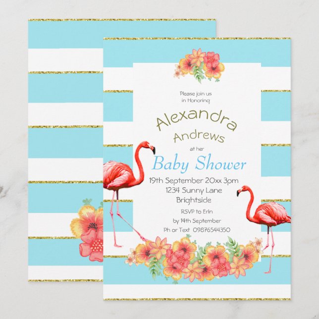 Flamingo Tropical Flowers Blue Rand Baby Shower Inbjudningar (Fram/baksida)
