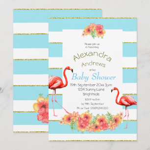 Flamingo Tropical Flowers Blue Rand Baby Shower Inbjudningar