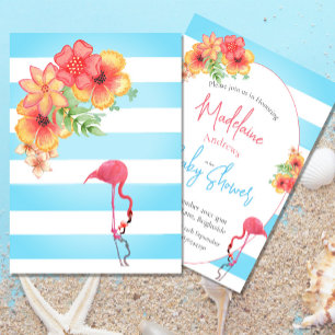 Flamingo Tropical Flowers Blue Rand Baby Shower Inbjudningar