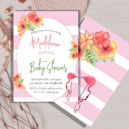 Flamingo Tropical Flowers Rosa Rand Baby Shower Inbjudningar