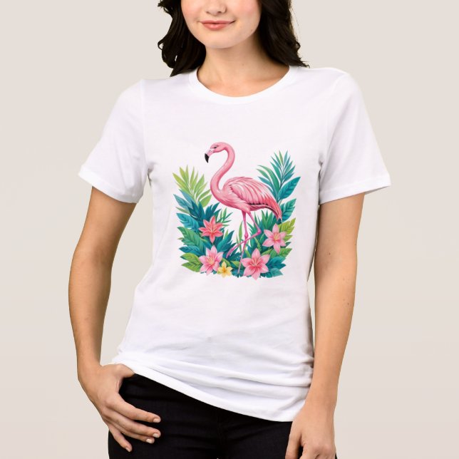 Flamingo & Tropical Flowers T-Shirt (Framsida)