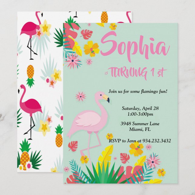 Flamingo Tropical Inbjudningar (Fram/baksida)