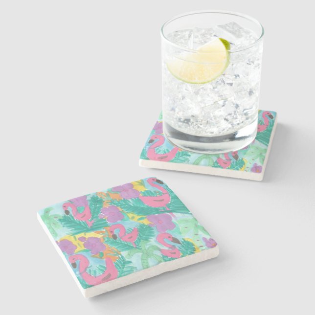 Flamingo Tropical Jungle Print Underlägg Sten (Sidan)