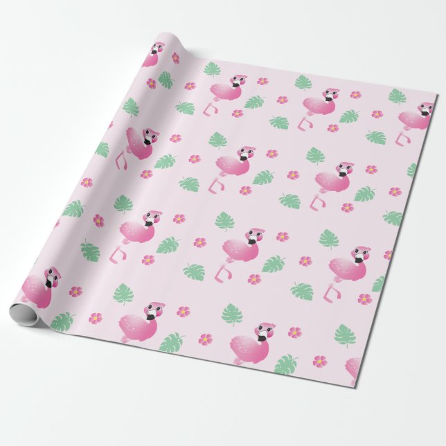 Flamingo Tropical Löv Flowers Mönster Ljus rosa Presentpapper (Utrullad)