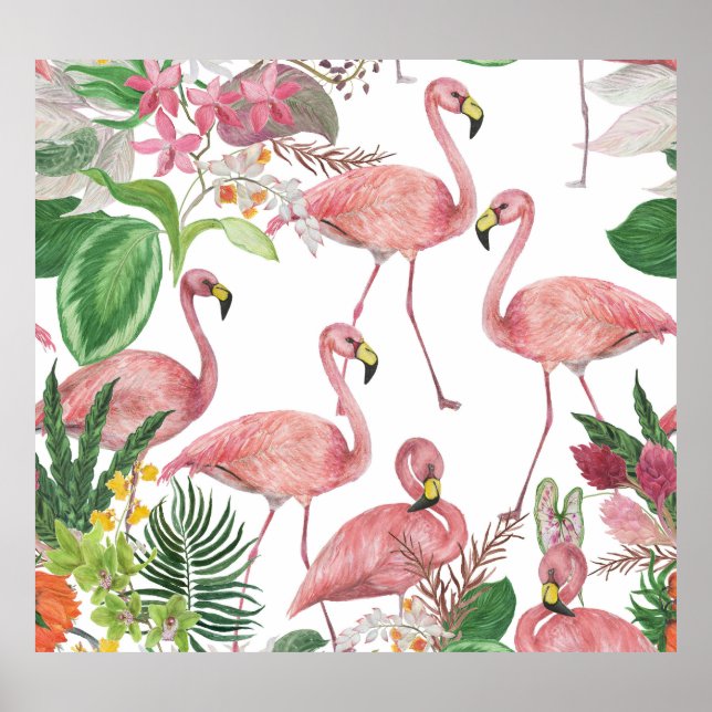 Flamingo Tropical Löv Watercolor Mönster Poster (Framsidan)