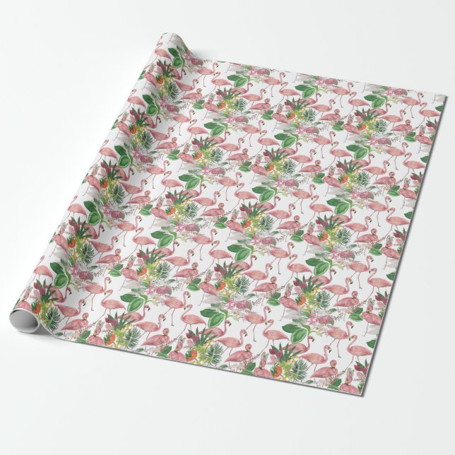 Flamingo Tropical Löv Watercolor Mönster Presentpapper (Utrullad)
