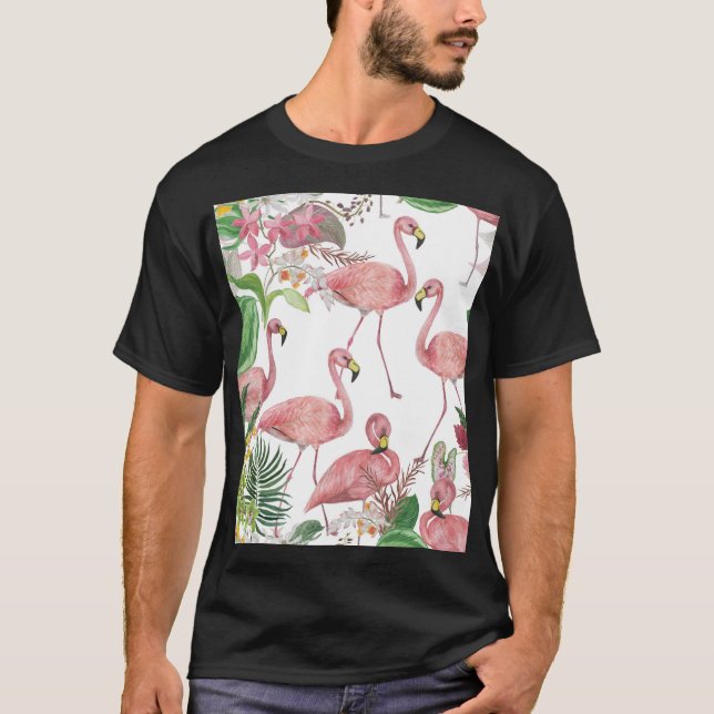 Flamingo Tropical Löv Watercolor Mönster T Shirt (Framsida)