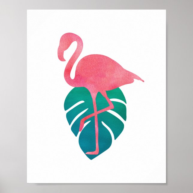 Flamingo Tropical Lövs Watercolor Art Poster (Framsidan)