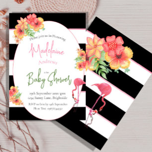 Flamingo Tropical Rosa Black Rand Baby Shower Inbjudningar