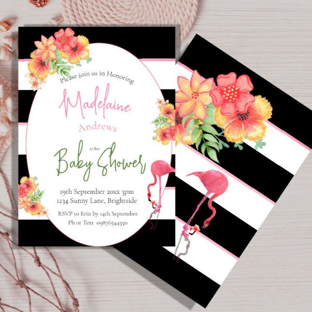 Flamingo Tropical Rosa Black Rand Baby Shower Inbjudningar (Skapare uppladdad)