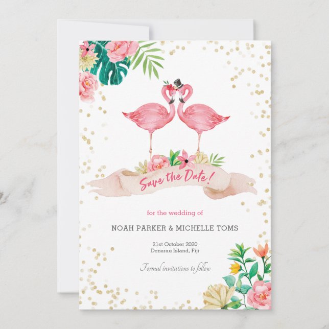 Flamingo Tropical Save the date card Inbjudningar (Framsida)