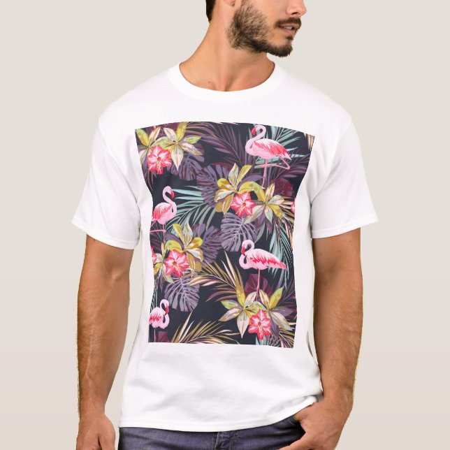 Flamingo Tropical: Sommarsömlös Mönster T Shirt (Framsida)