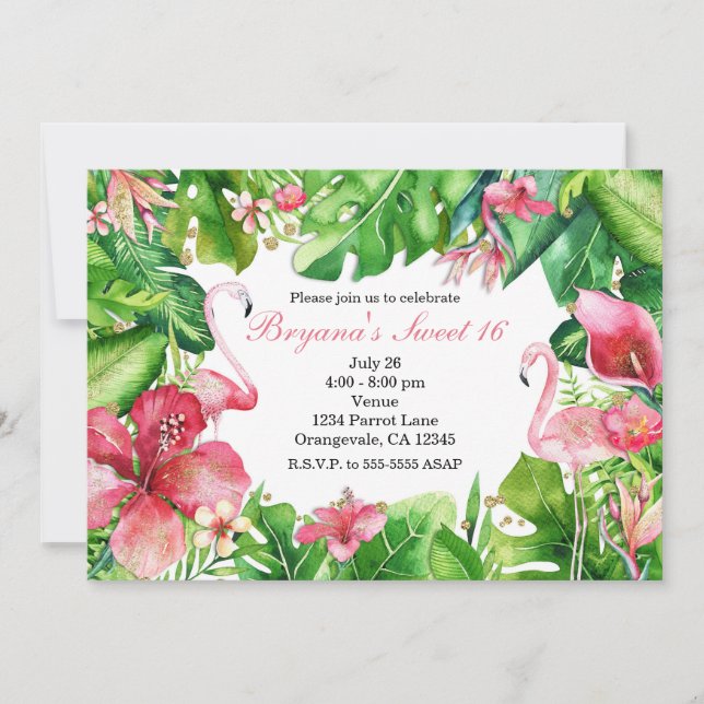 Flamingo Tropics Sommar Födelsedagsfest Inbjudning Inbjudningar (Framsida)