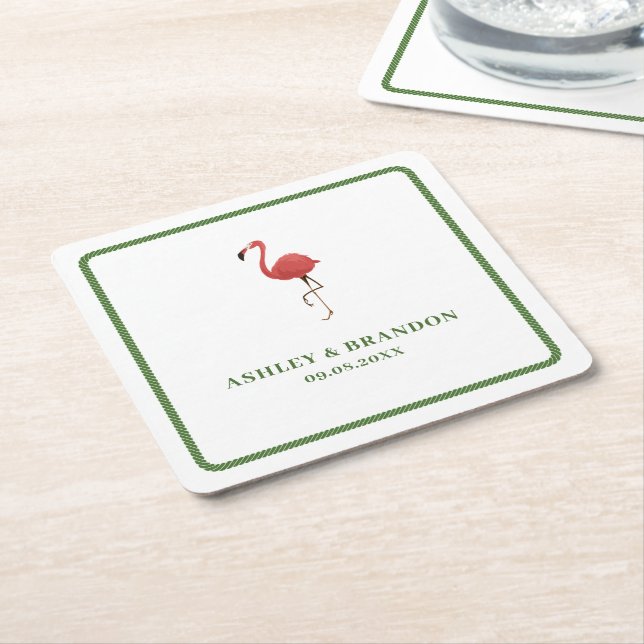 Flamingo Tropics Strand Retro Bröllop Underlägg Papper Kvadrat (Vinklad)