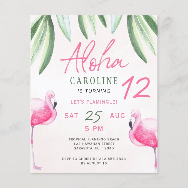 Flamingo tropisk Aloha barn budget födelsedagsfest Flygblad (Framsidan)