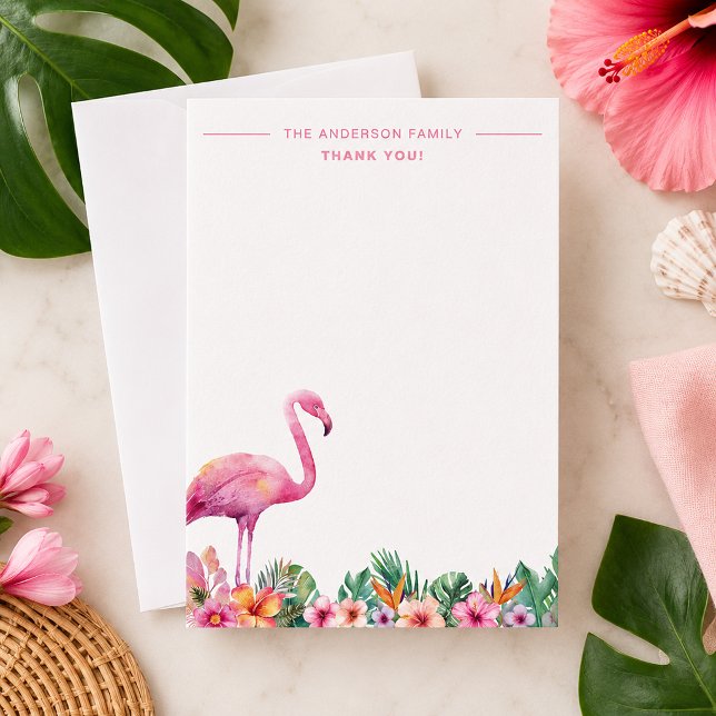 Flamingo Tropisk Familj Tack Platt Kort (Tropical thank you card)